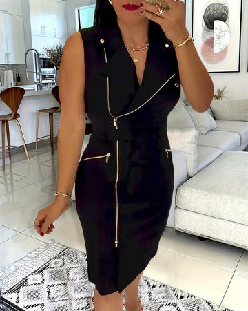 Round Neck Slim Fit Sleeveless Zipper Design Mini Dress Work Dress